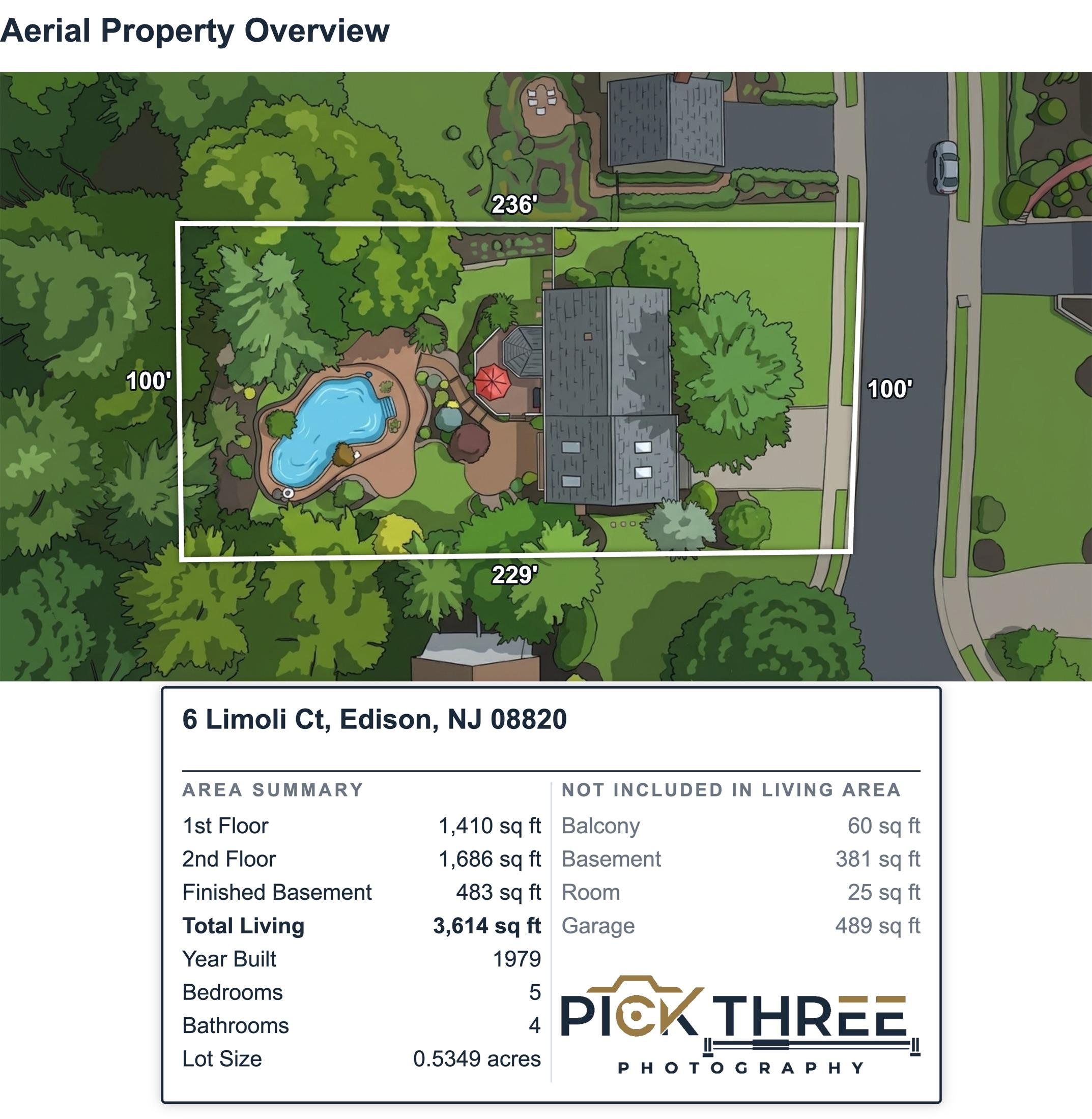 Aerial Property Overview: illustrated site plan with lot dimensions, pool and deck, and a property info box, 6 Limoli Ct, Edison NJ