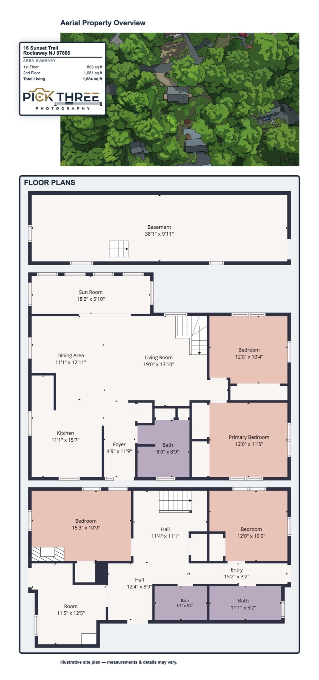 Aerial property overview: drone shot with lot lines, square-footage summary, and floor plans, 16 Sunset Trl, Rockaway NJ