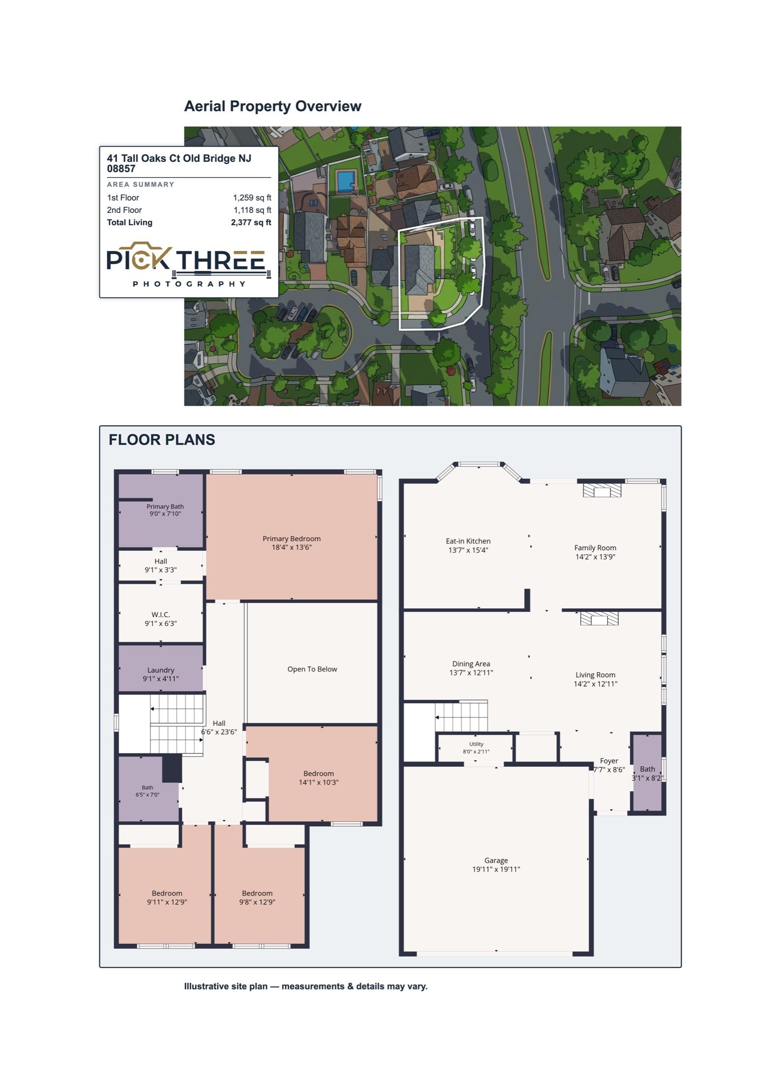 Aerial property overview: drone shot with lot lines, square-footage summary, and floor plans, 41 Tall Oaks Ct, Old Bridge NJ