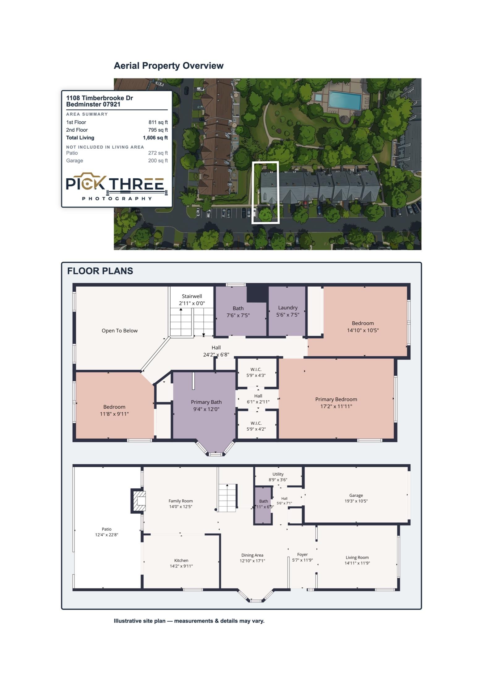 Aerial property overview: drone shot with lot lines, square-footage summary, and floor plans, 1108 Timberbrooke Dr, Bedminster NJ