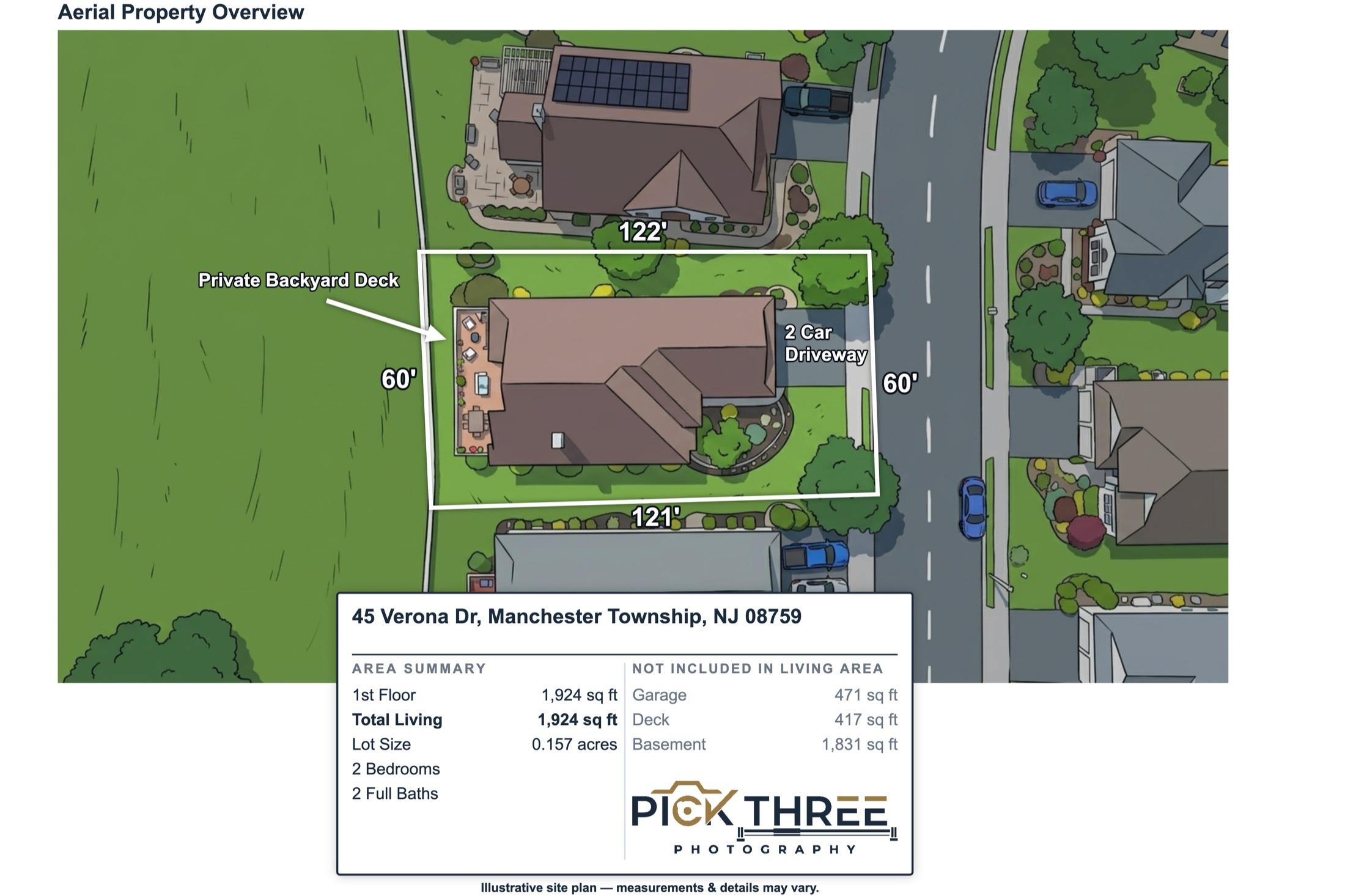 Aerial Property Overview: illustrated site plan with lot dimensions, labeled deck and driveway, and a property info box, 45 Verona Dr, Manchester Township NJ