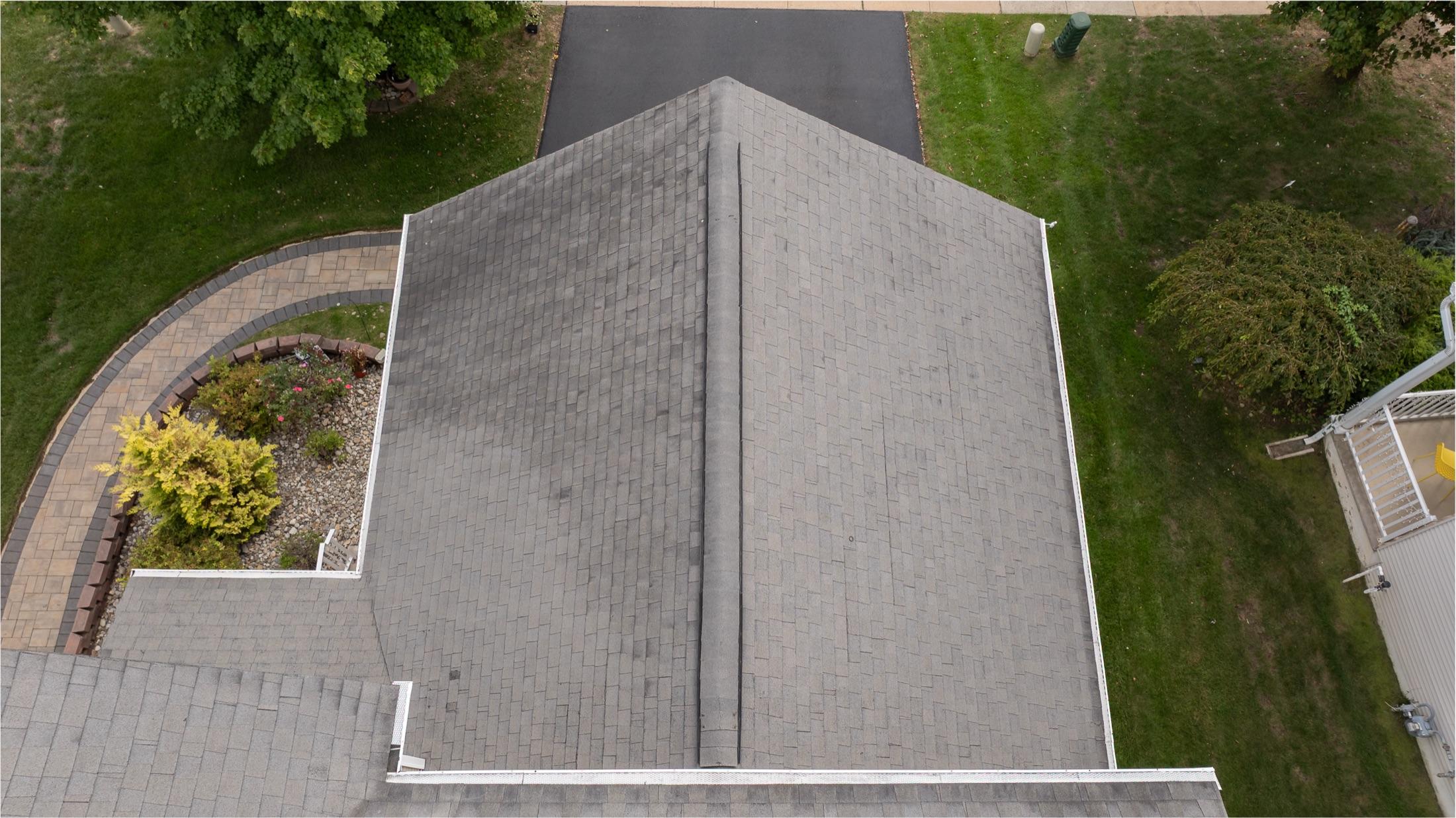 Top-down aerial view of roof planes and ridge line