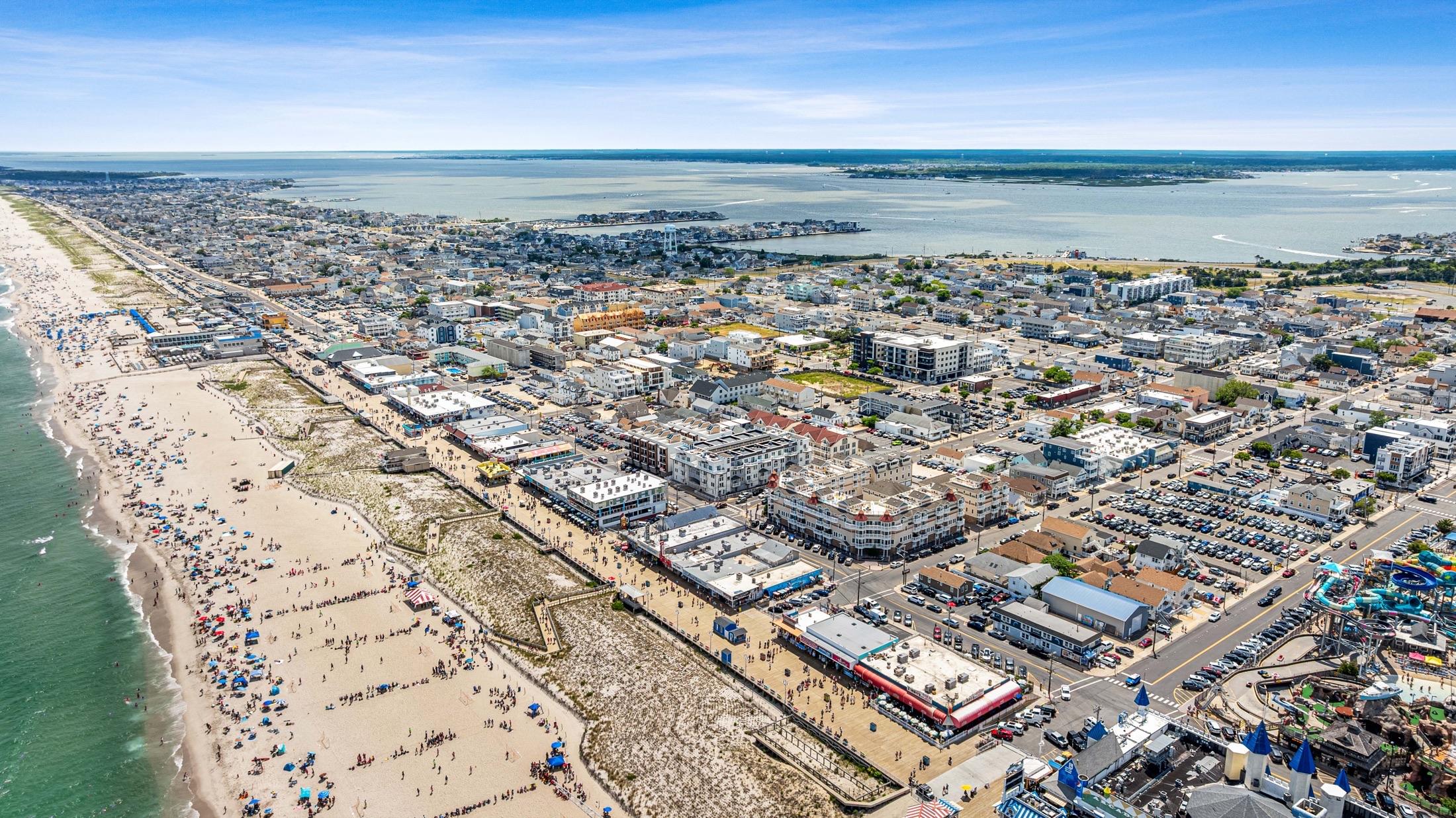Aerial of the beach and boardwalk by the rental, Seaside Heights NJ