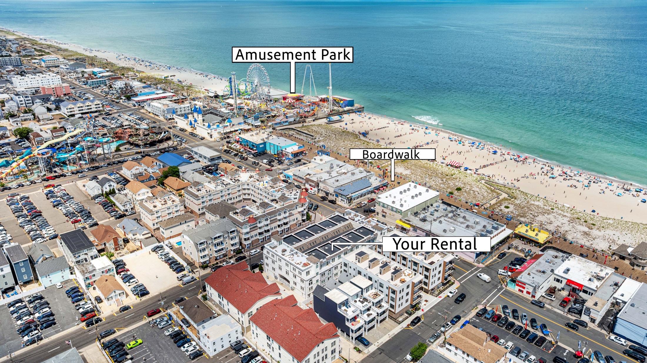 Labeled aerial showing the rental's walk to the boardwalk and beach, Seaside Heights NJ