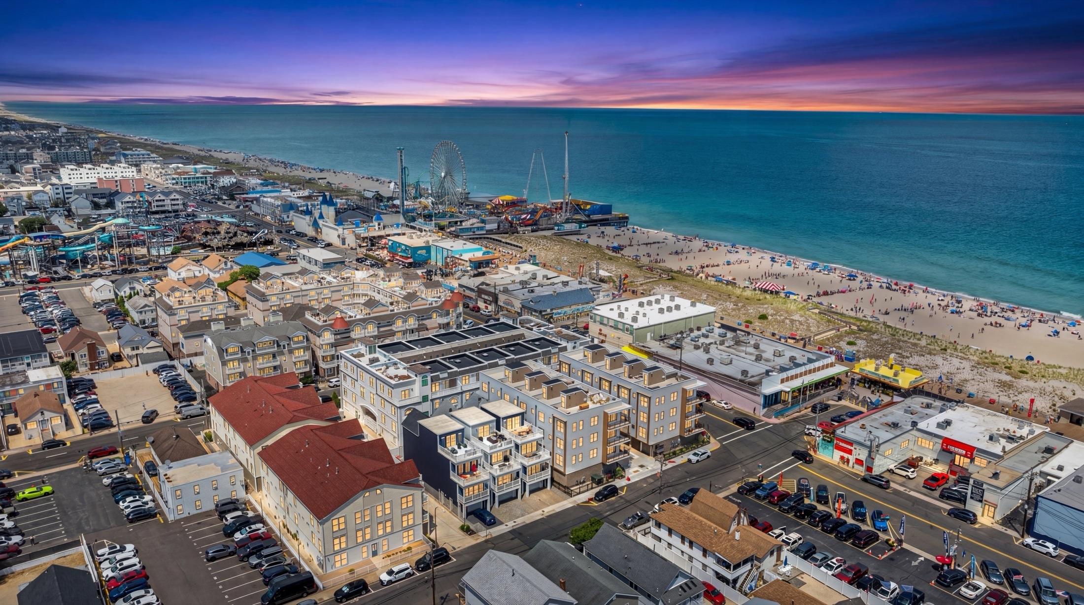 Aerial twilight over a Seaside Heights short-term rental, beach and boardwalk, NJ