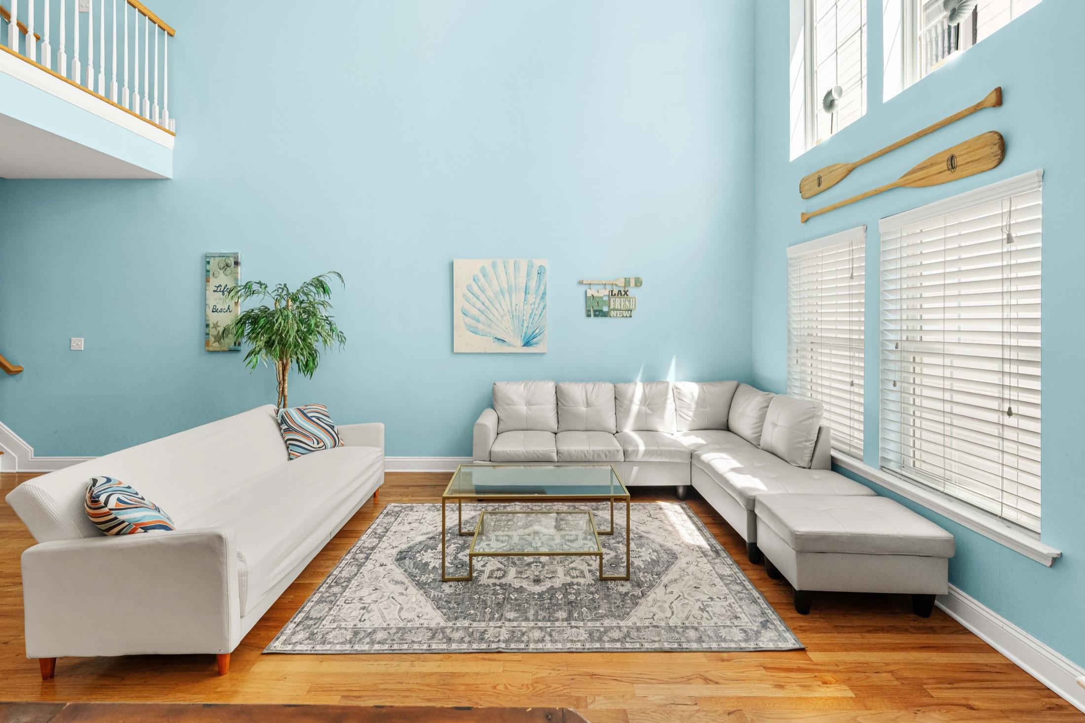 Double-height living room with vaulted ceiling and sectional, Seaside Heights rental