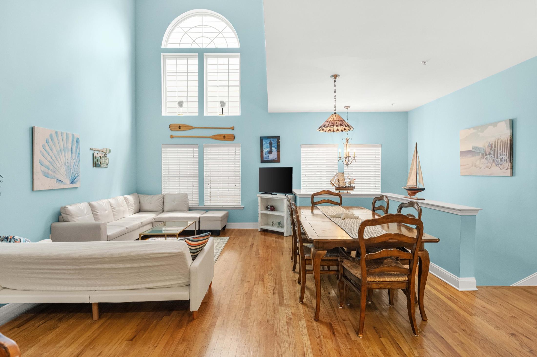 Bright coastal living and dining room in a Seaside Heights rental