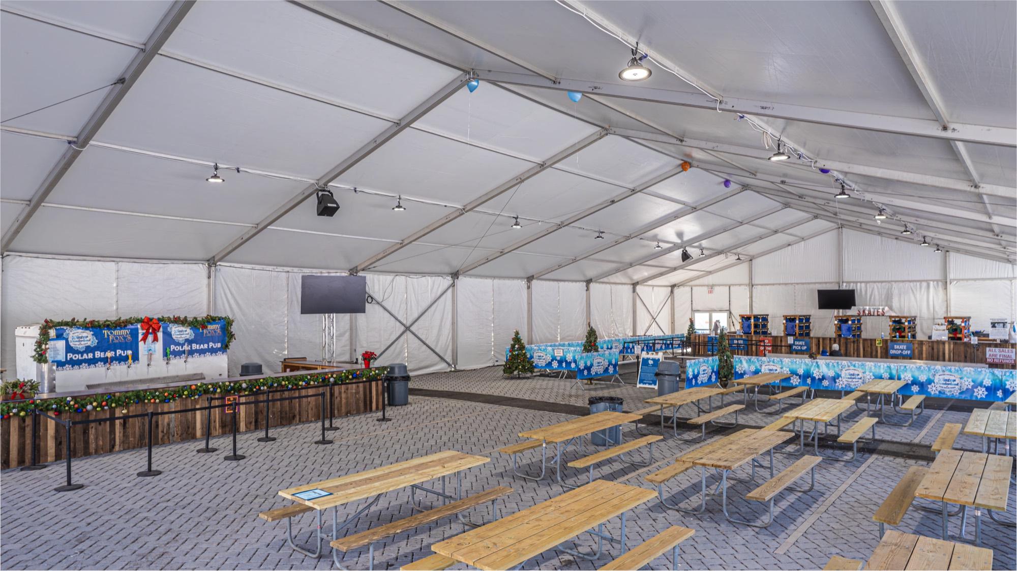 Event tent at dusk