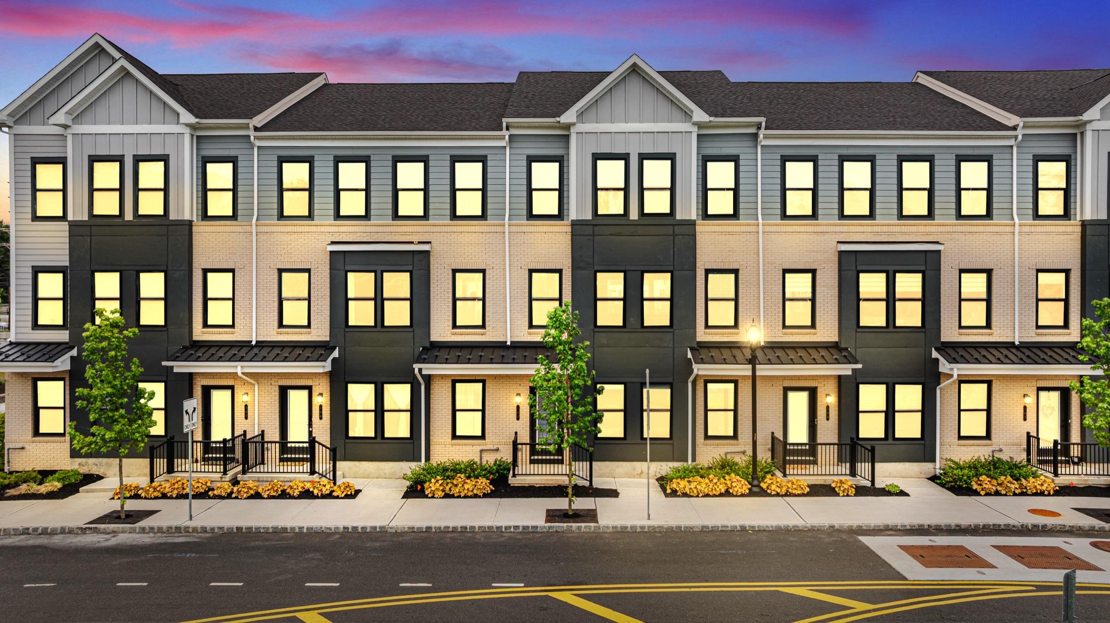 Modern townhomes at virtual twilight, Princeton Junction NJ