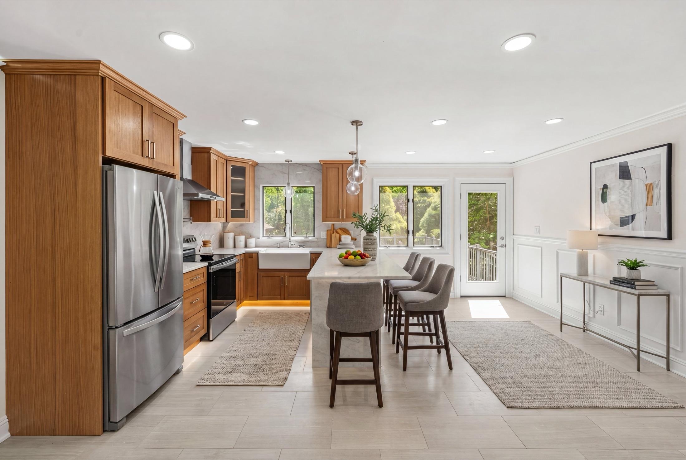 Kitchen and great room after modern virtual staging, Cranbury NJ