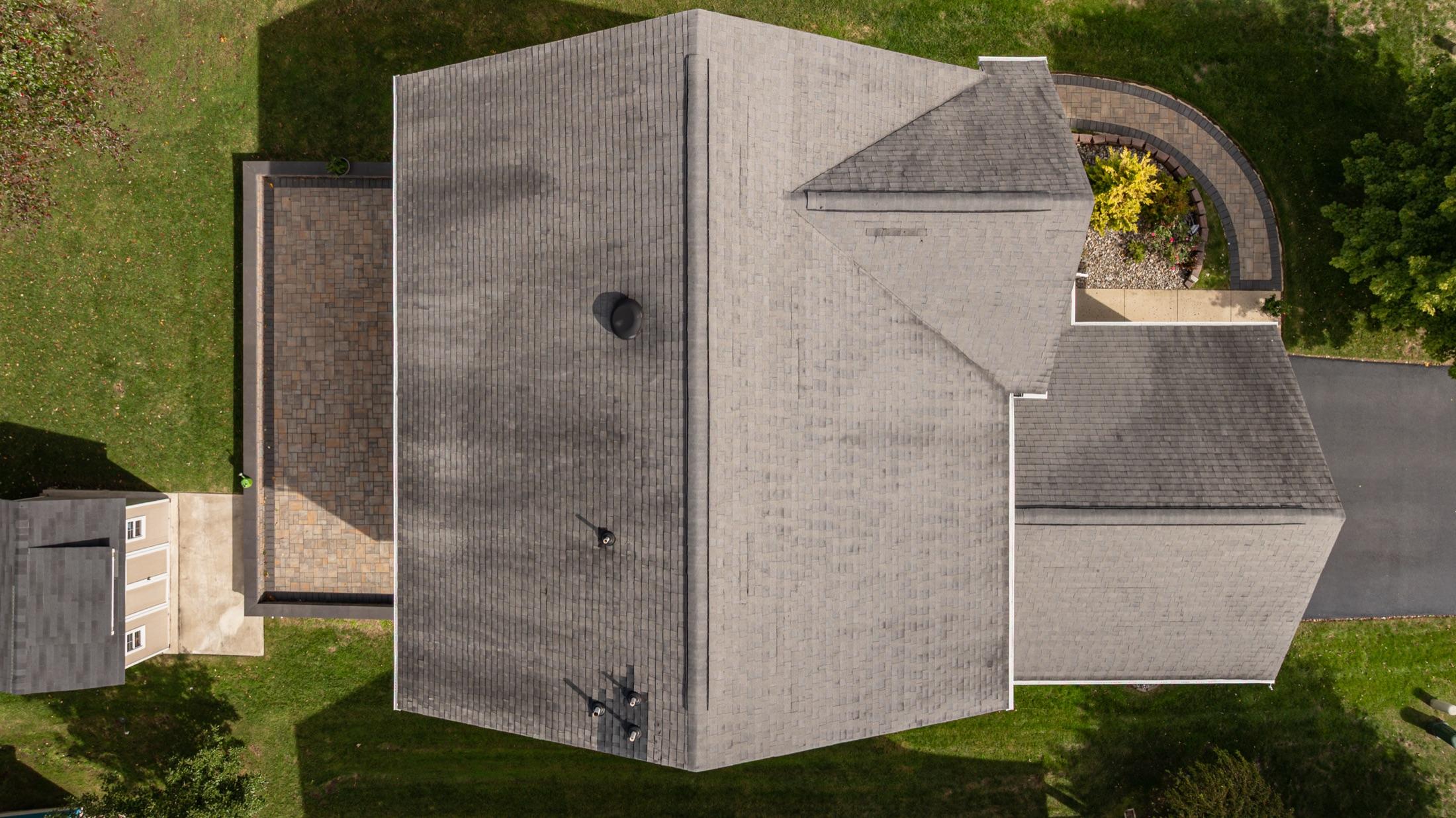 Straight-down aerial plan view of a full roof, drone roof documentation