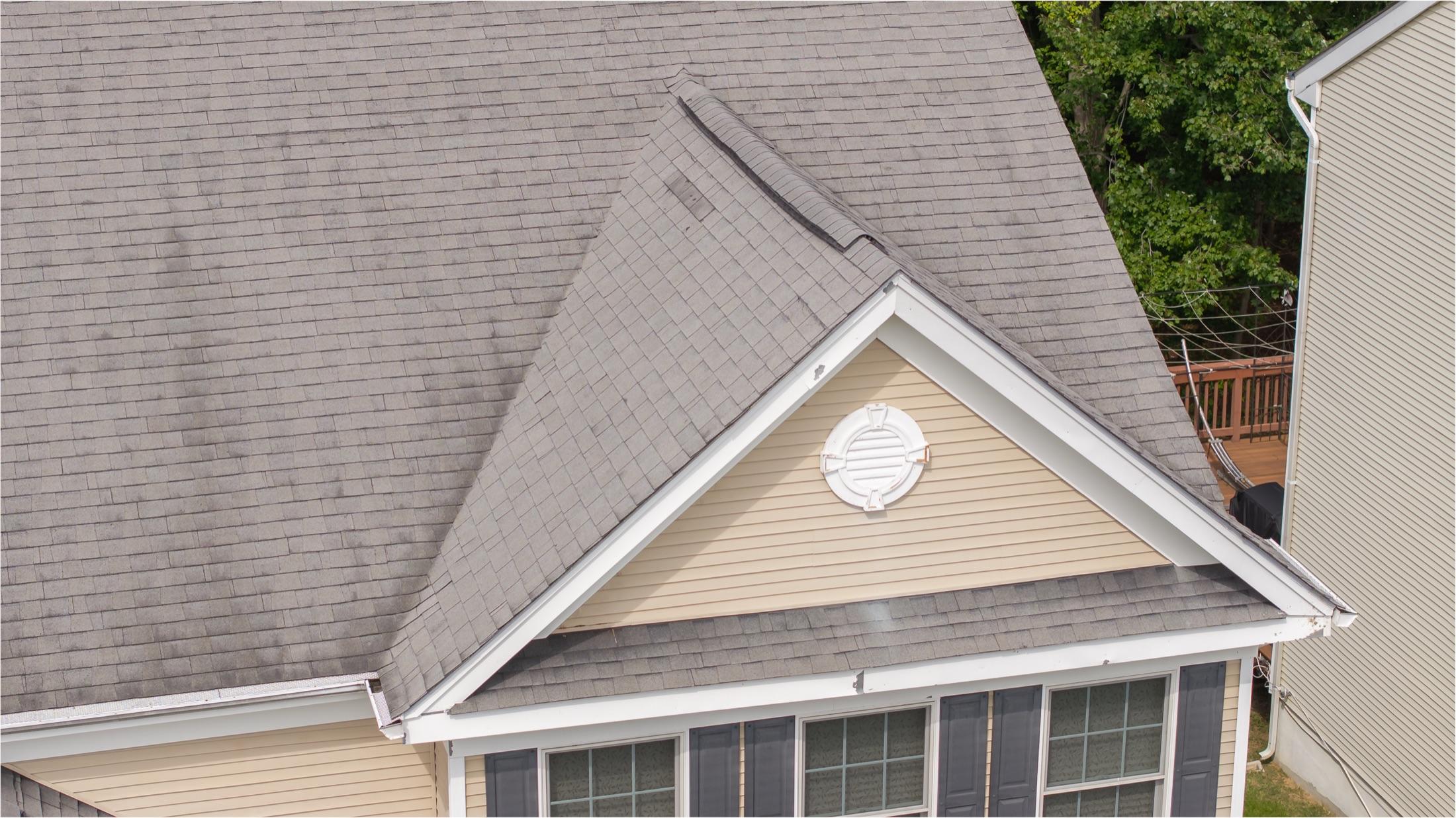 Aerial detail of roof gable, ridge cap and flashing