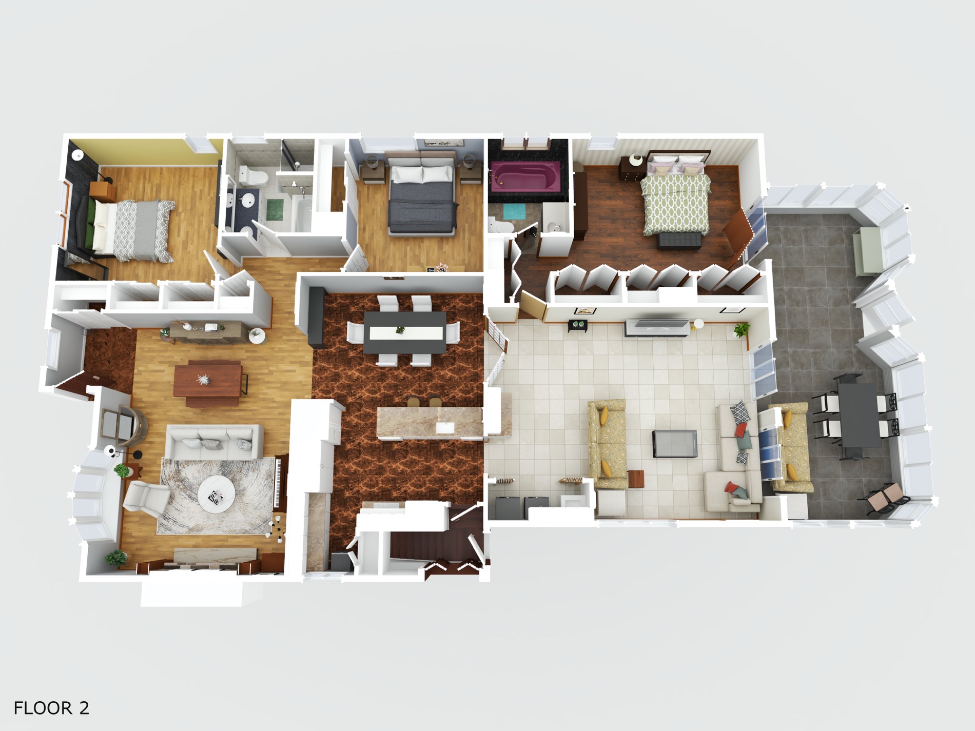 3D dollhouse floor plan rendering of a single level
